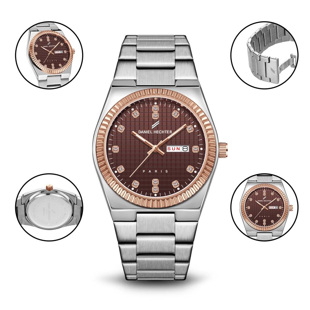 Daniel Hechter Hoche Collection Classic Analog Watch For Men – Textured Dial,Crystal Indices With Fluted Bezel, D : DHM1027-44