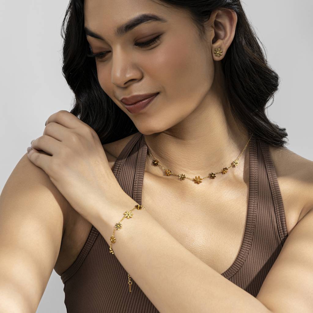18K Gold Plated Waterproof Anti-Tarnish Floral Charm Necklace Bracelet & Stud (Pack Of 3) : ASJ0125NSB075C