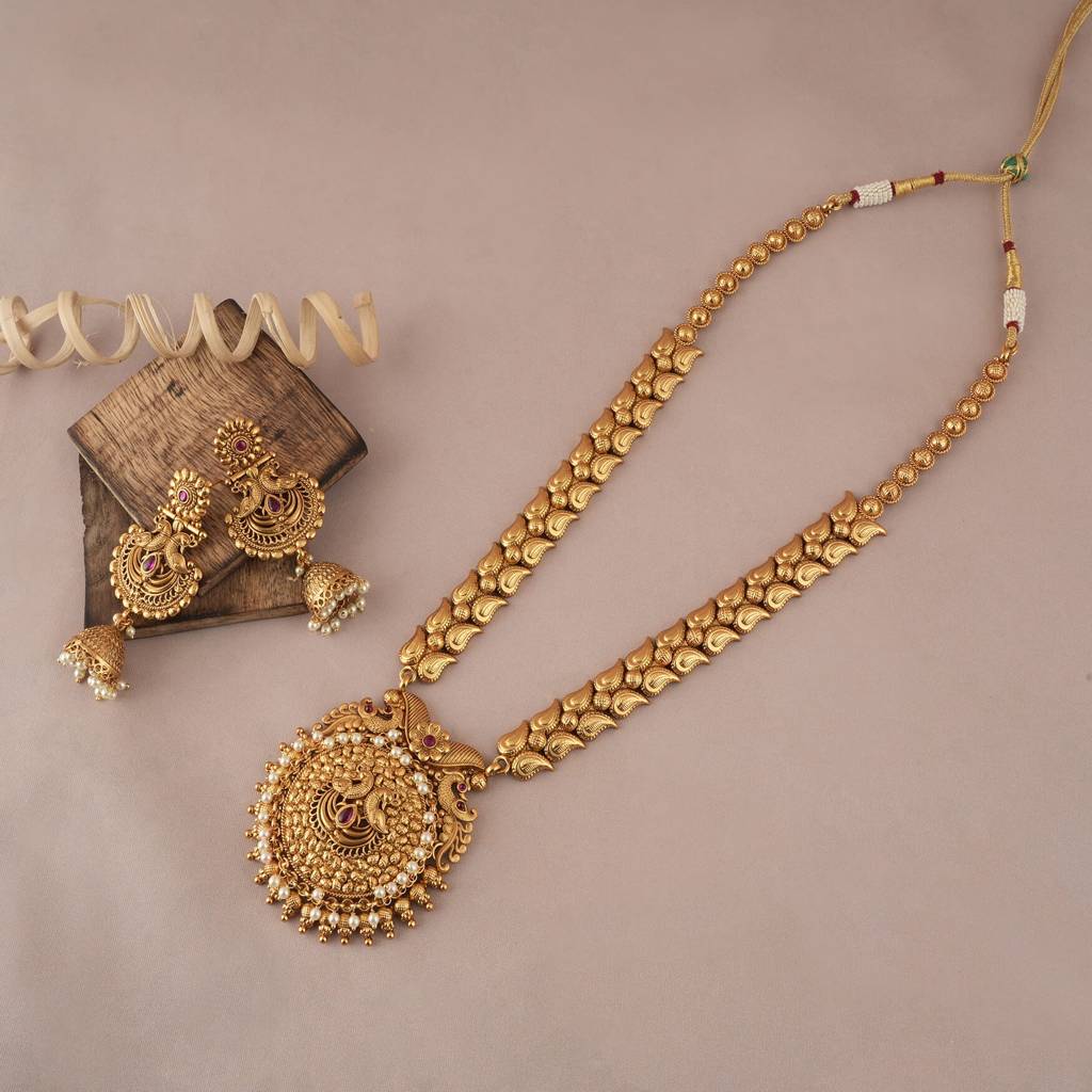 Long Antique Gold Plated Peacock Inspired Necklace Set : SJ016