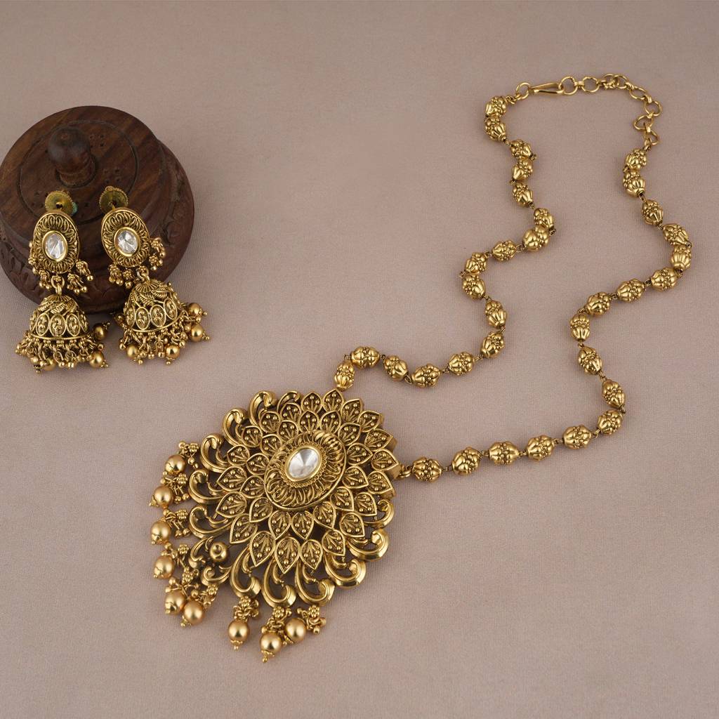 Stunning Antique Gold Plated Long Kundan Necklace Set With Beautiful Earring : SJ022
