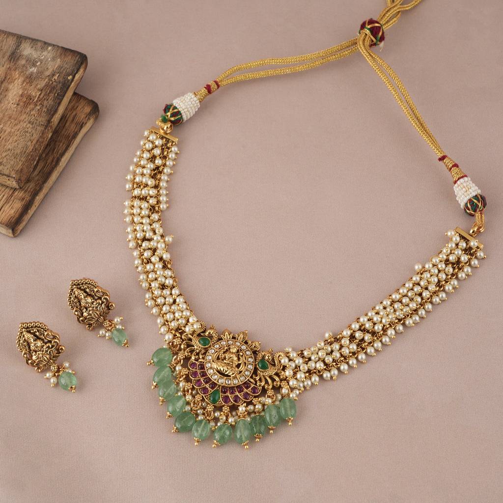 Antique Gold Pearl Drop Maa Lakshmi Choker Set : SJ009