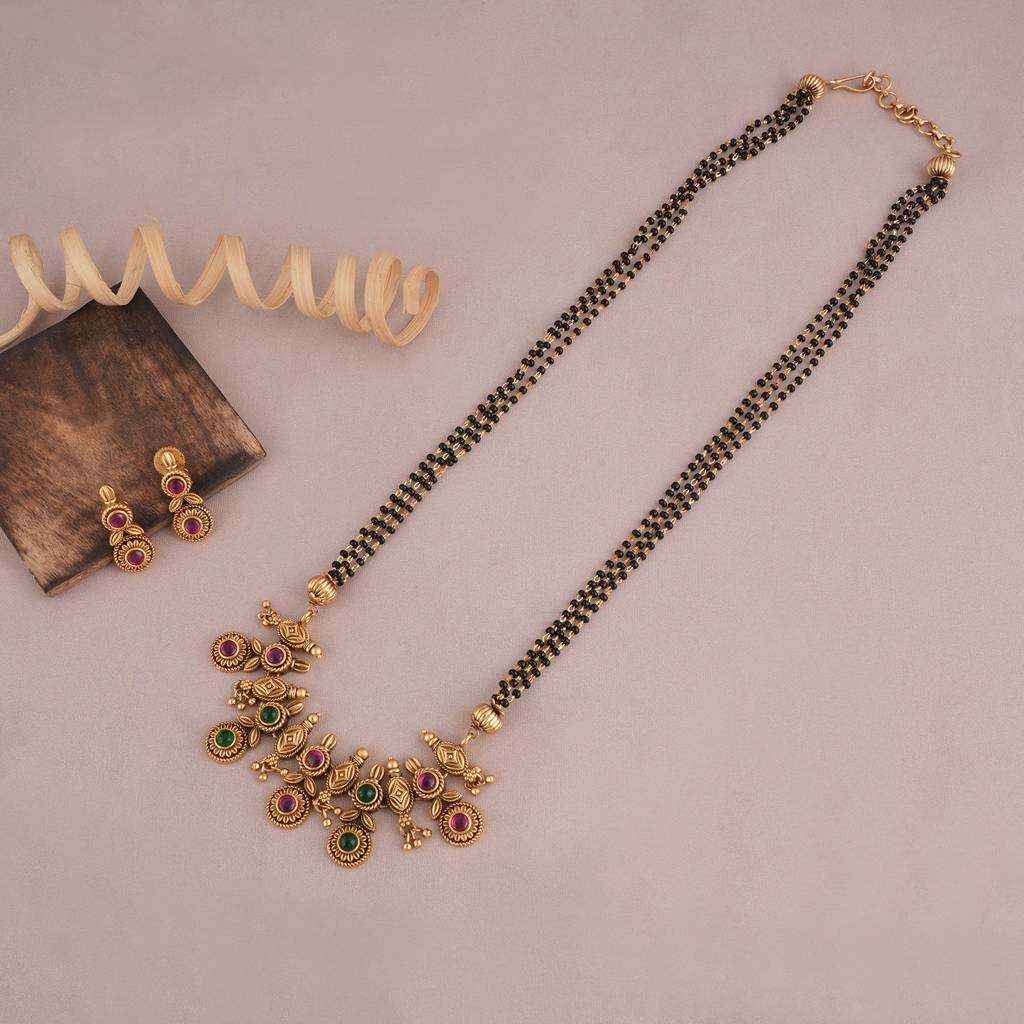 Long Multicolor Antique Gold Mangalsutra Set : SJ006
