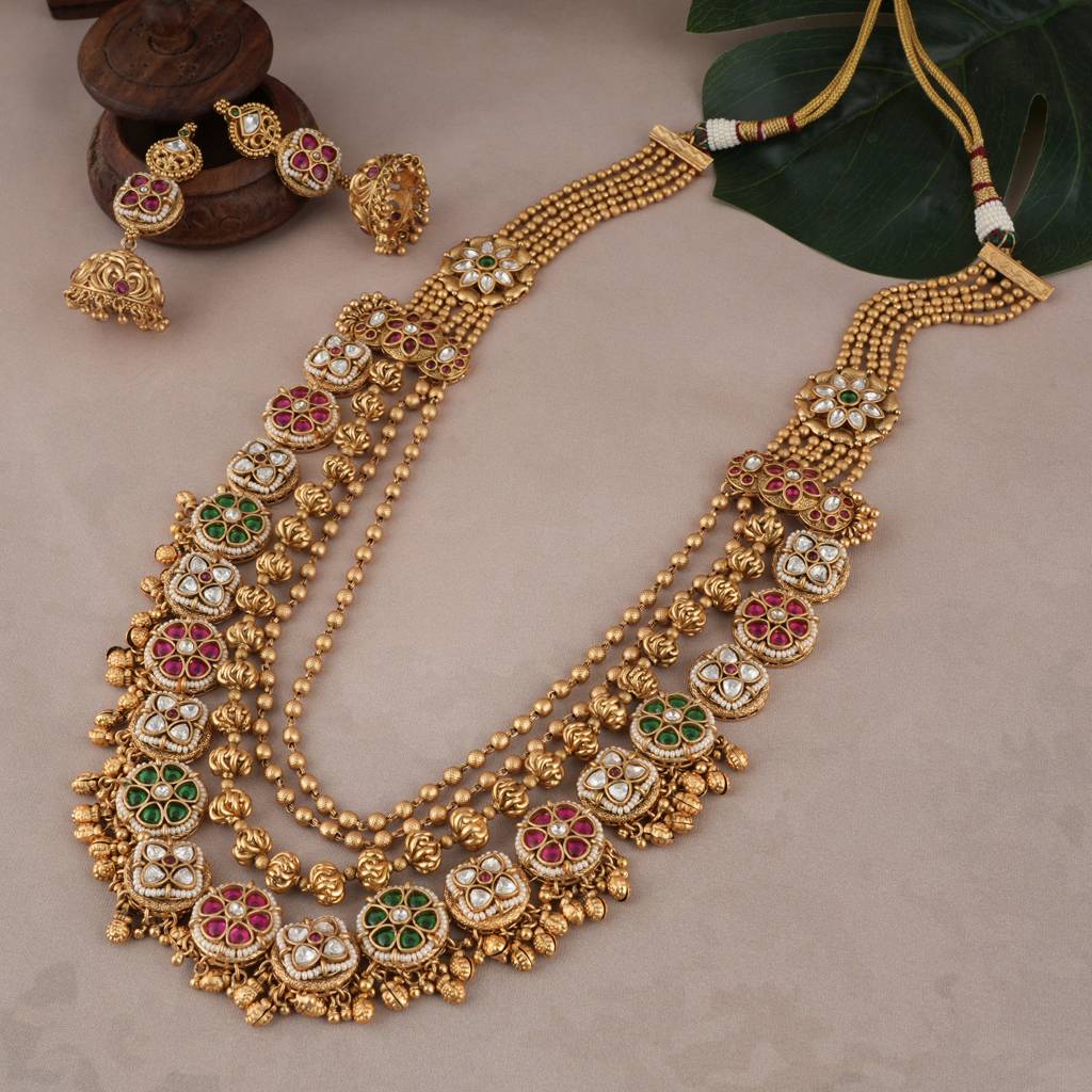 Royal Antique Gold Finish Long Multicolor Kundan Necklace Set : SJ024