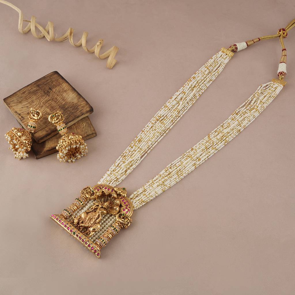 Long Krishna Gold Plated Stone Necklace Set For Women I Temple Jewelleryâ : SJ020