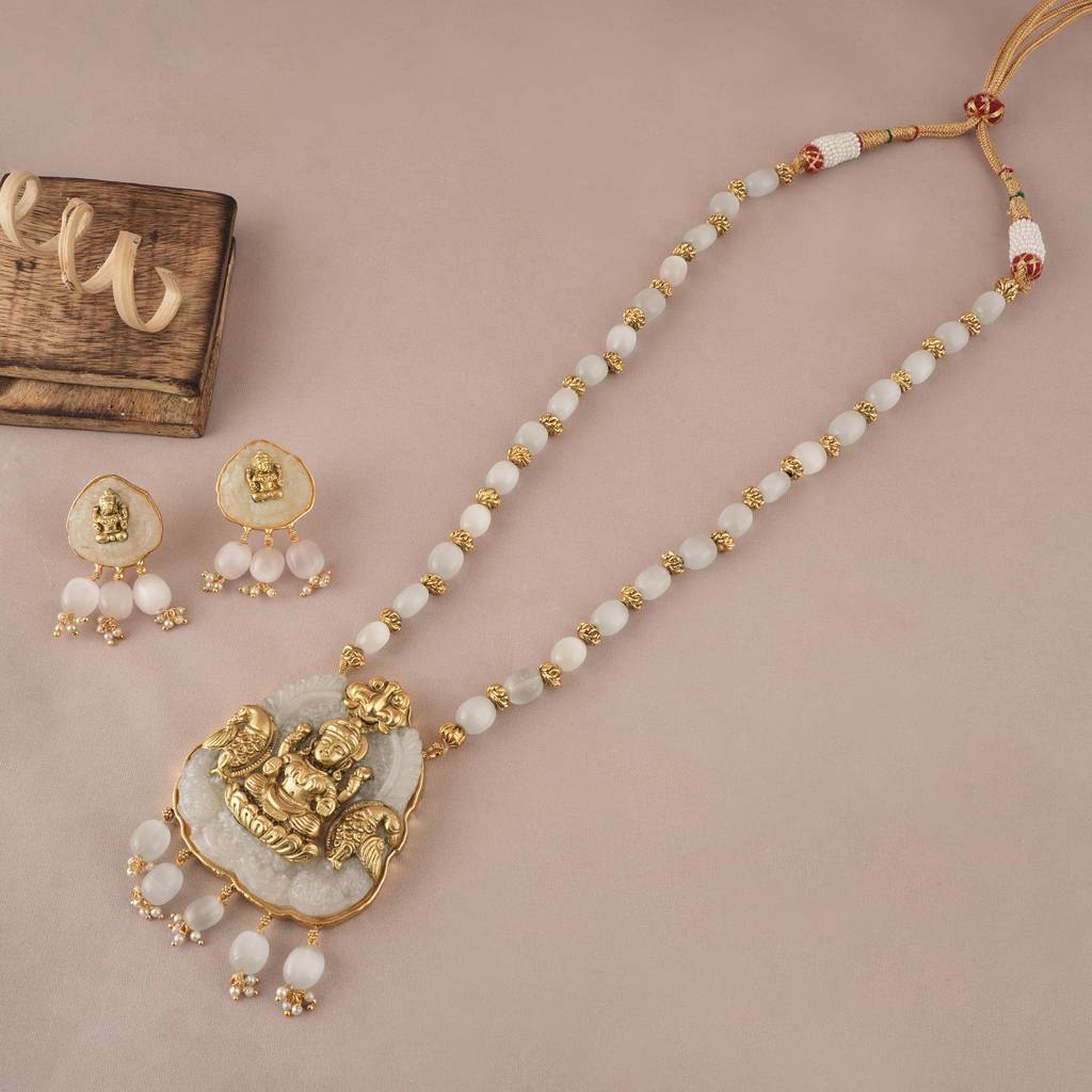 Long Gold Plated Maa Lakshmi White Stone Necklace Set : SJ017