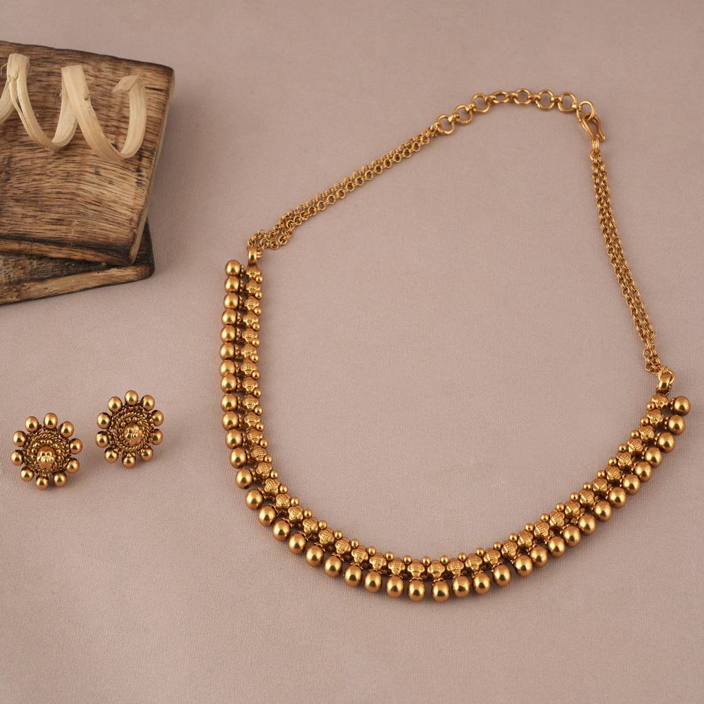 Delicate Antique Gold Plated Plain Balls Necklace Set For Women : SJ035