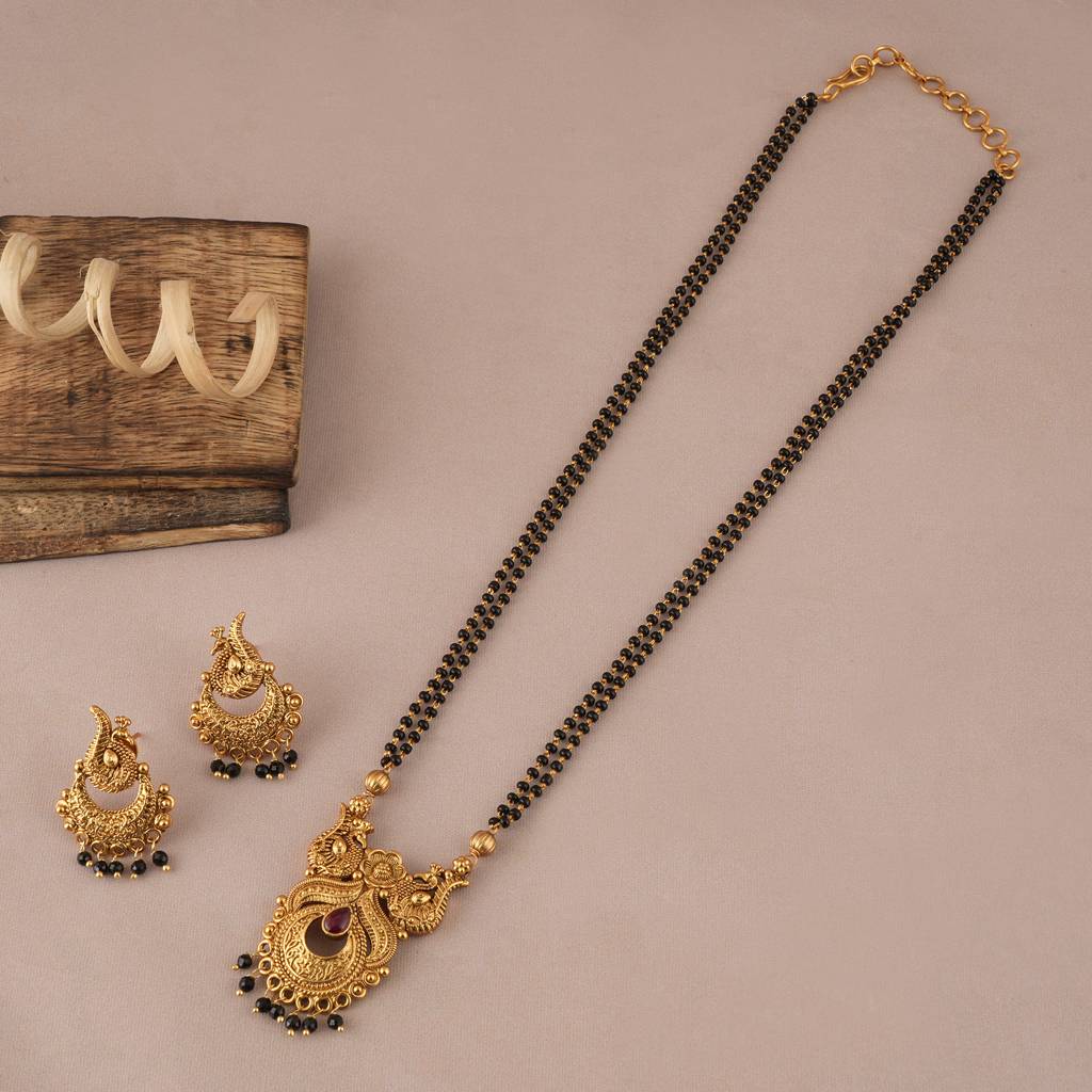 Long Black Bead Antique Gold Mangalsutra Set : SJ004