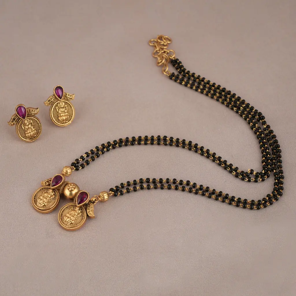 Antique Gold Finish Lakshmi Beaded Mangalsutra Set