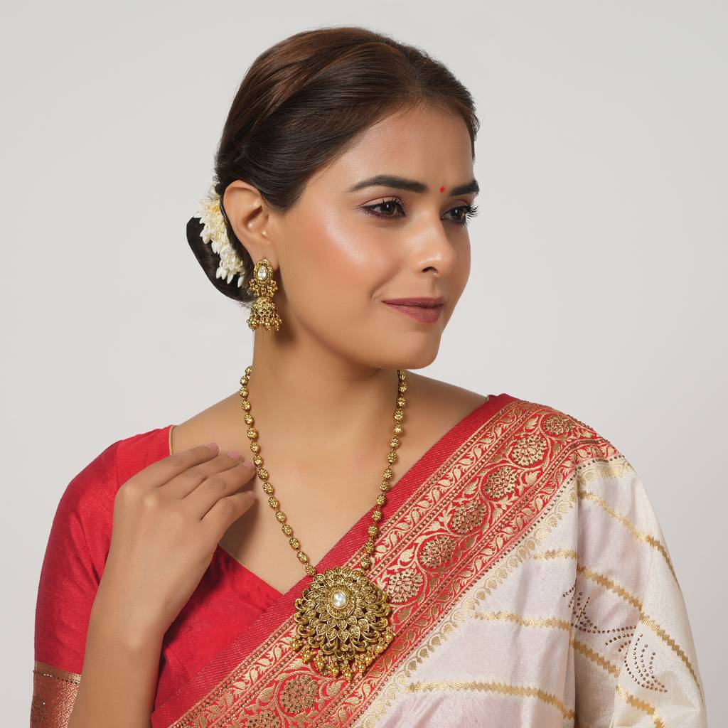 Stunning Antique Gold Plated Long Kundan Necklace Set With Beautiful Earring : SJ022