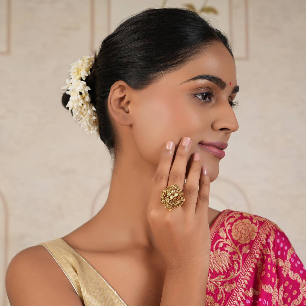 Cute Antique Gold Plated Kundan Peacock Finger Ring : SJ049