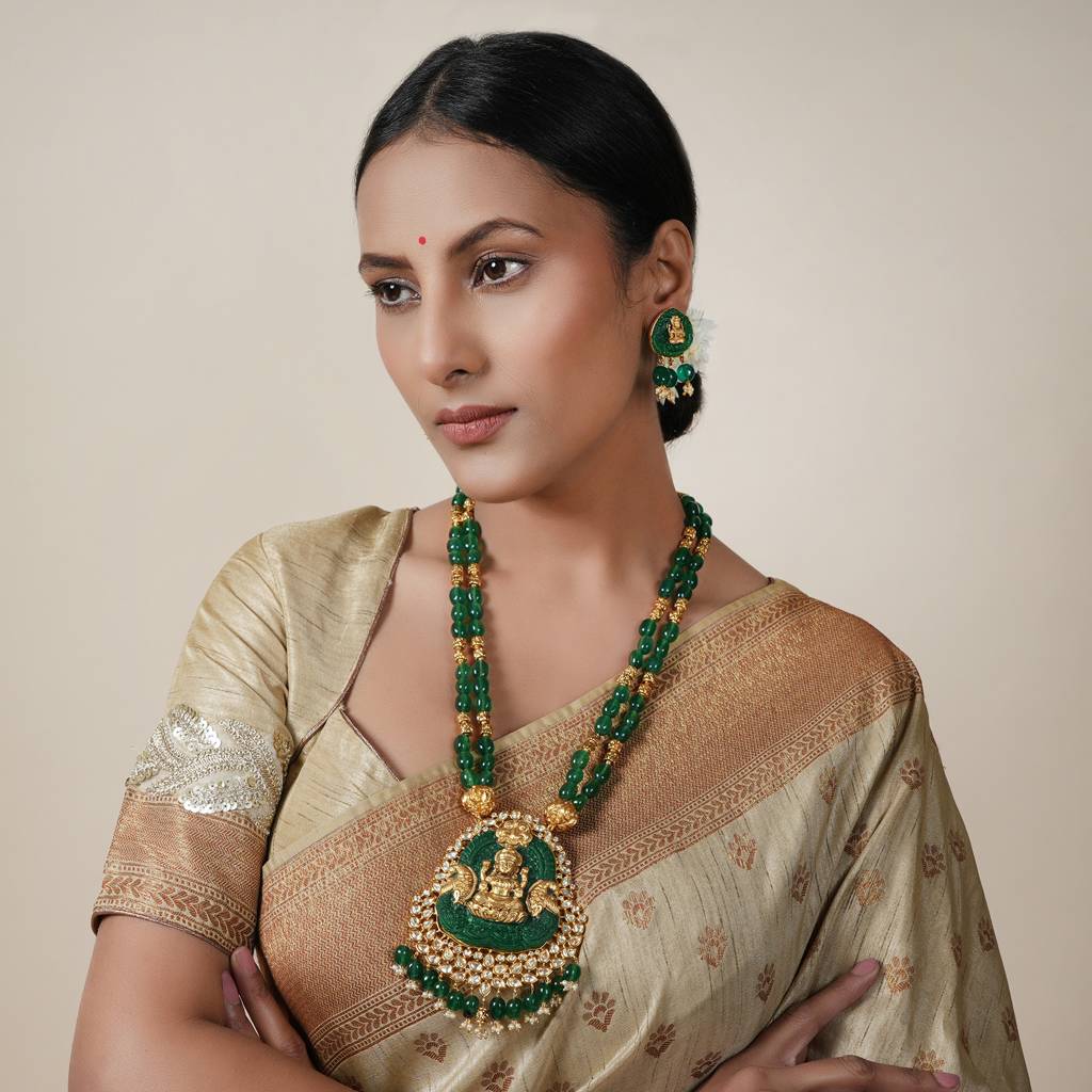 Stunning Antique Gold Plated Long Green Stone Lakshmi Necklace Set : SJ019