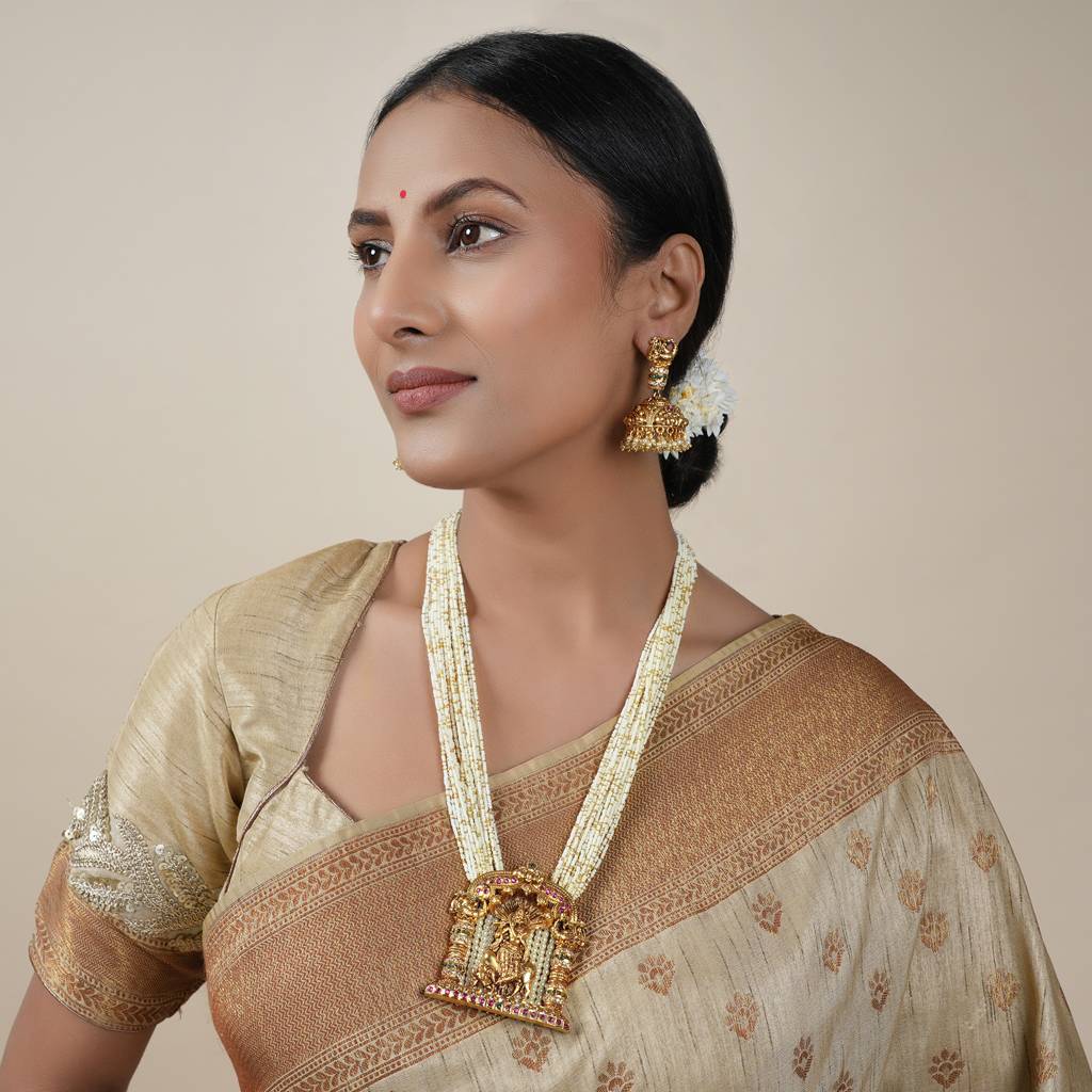 Long Krishna Gold Plated Stone Necklace Set For Women I Temple Jewelleryâ : SJ020