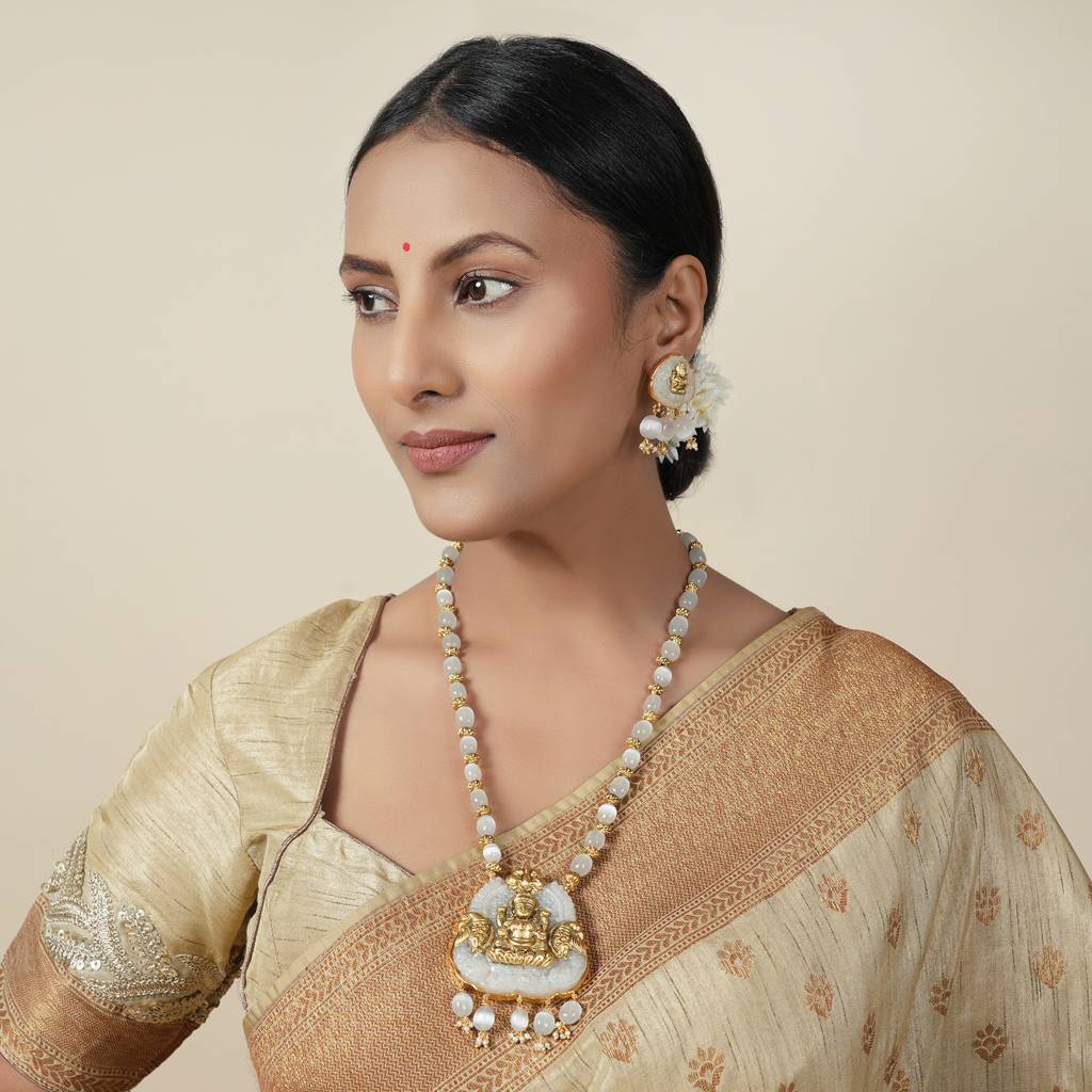 Long Gold Plated Maa Lakshmi White Stone Necklace Set : SJ017