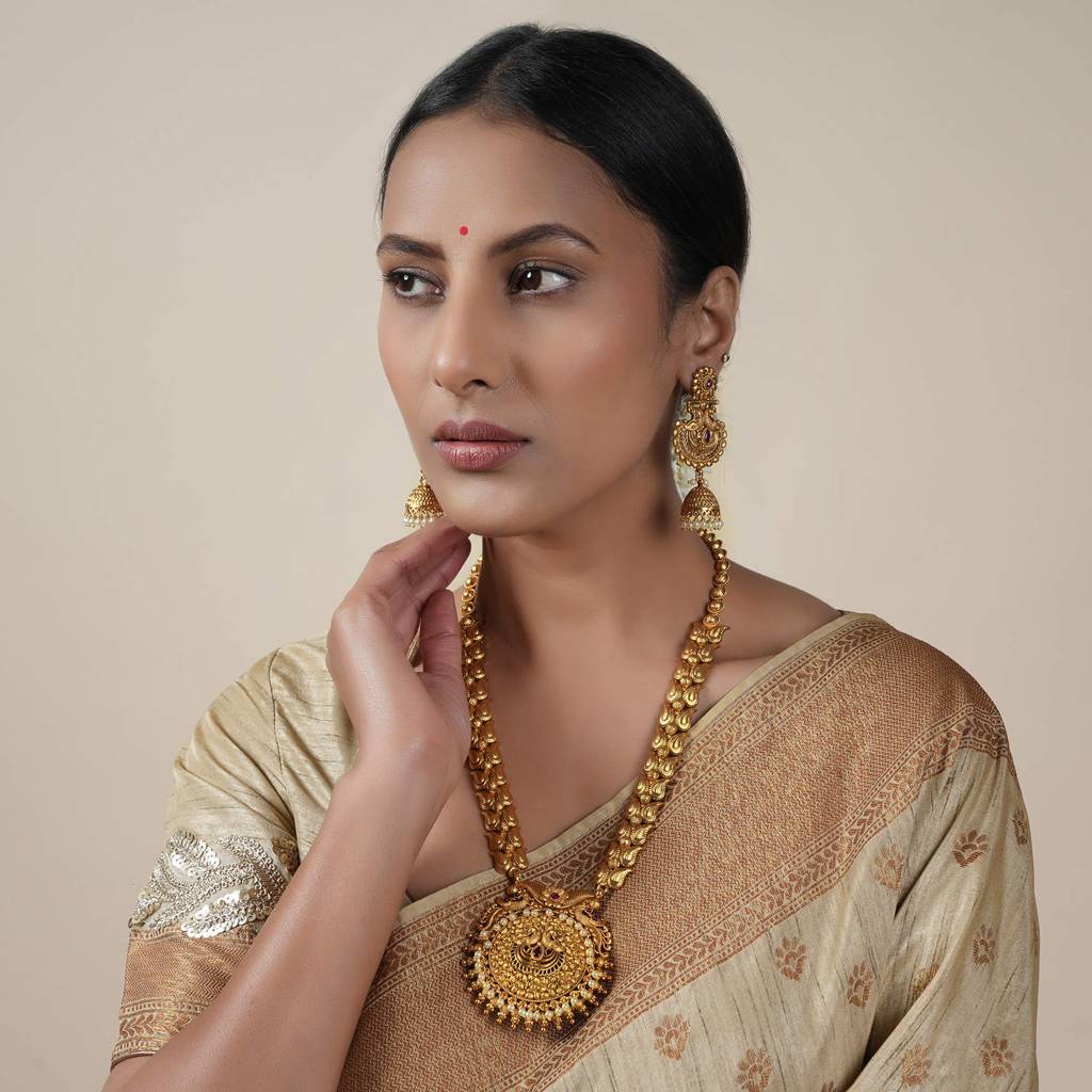 Long Antique Gold Plated Peacock Inspired Necklace Set : SJ016