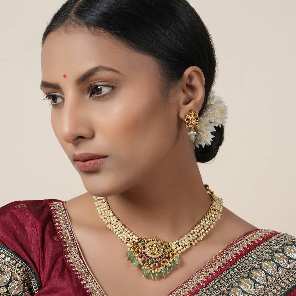 Antique Gold Pearl Drop Maa Lakshmi Choker Set : SJ009