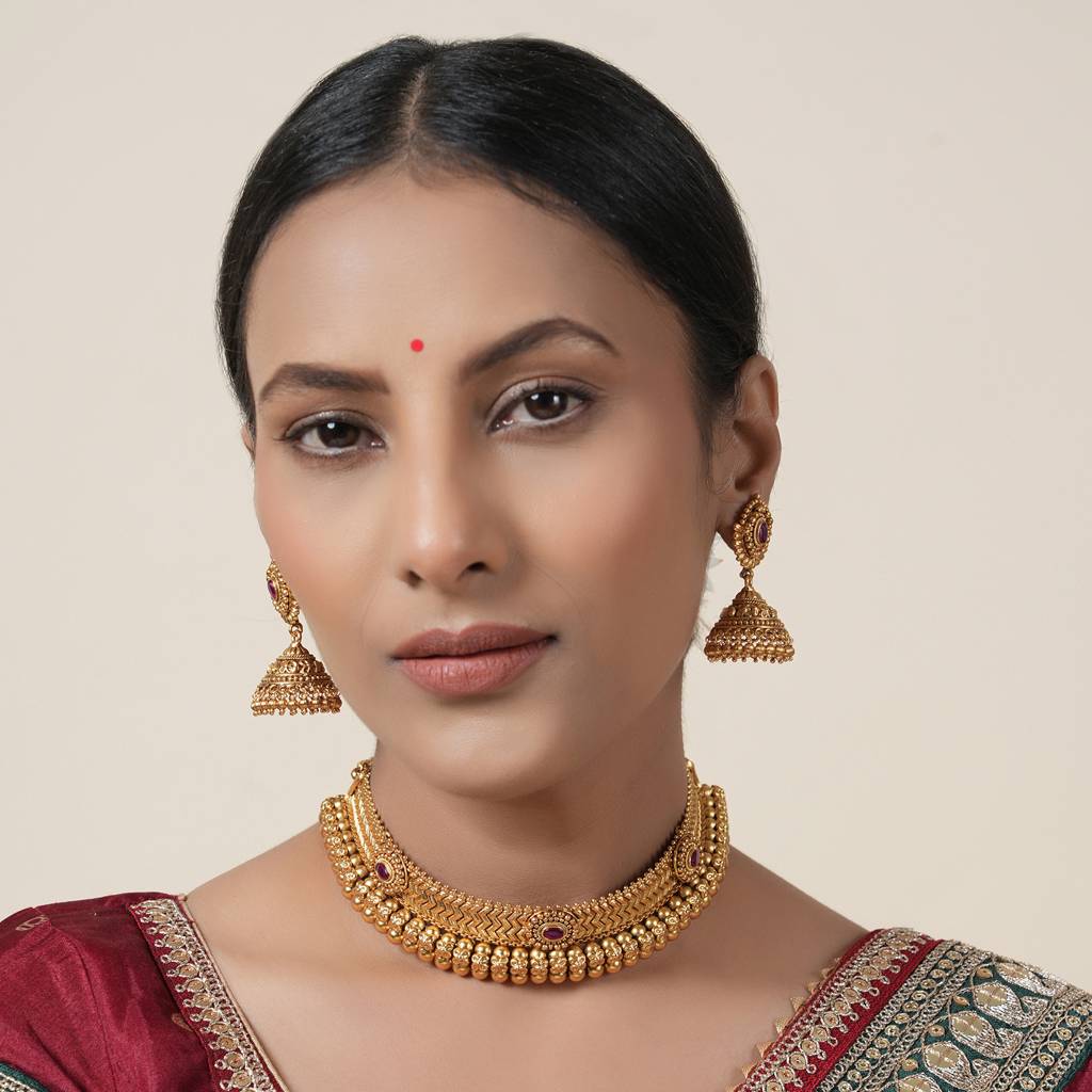 Amazing Ruby Stone Antique Gold Plated Choker Set For Women : SJ010