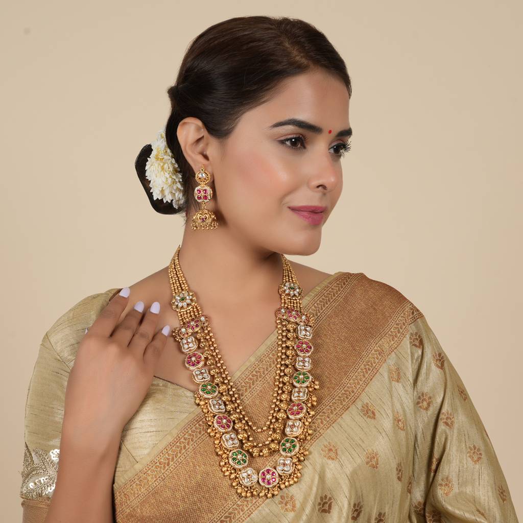 Royal Antique Gold Finish Long Multicolor Kundan Necklace Set : SJ024