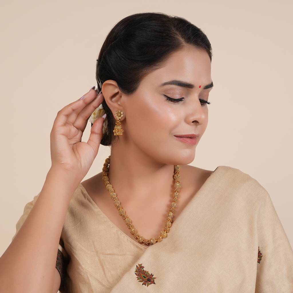 Gold Plated Plain Ball Mala Set With Jhumka Earring : SJ055