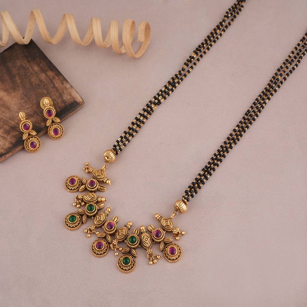 Long Multicolor Antique Gold Mangalsutra Set : SJ006