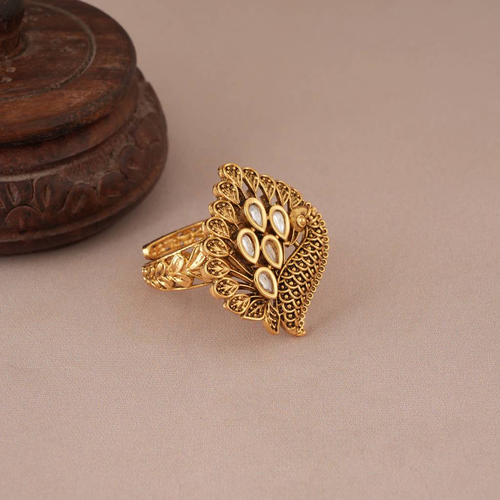 Cute Antique Gold Plated Kundan Peacock Finger Ring : SJ049