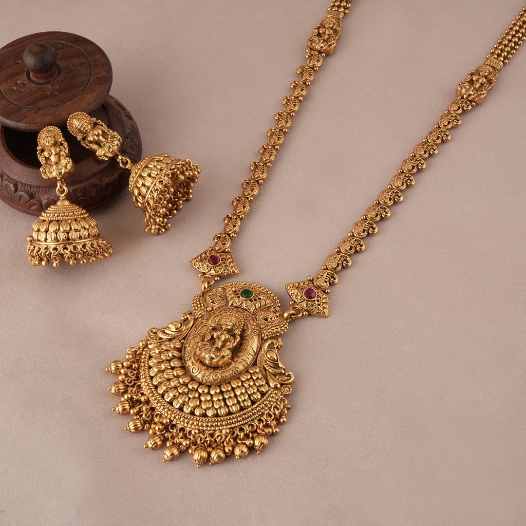 Auspicious Maa Lakshmi Antique Gold Long Necklace Set : SJ015