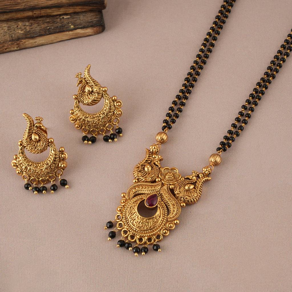 Long Black Bead Antique Gold Mangalsutra Set : SJ004