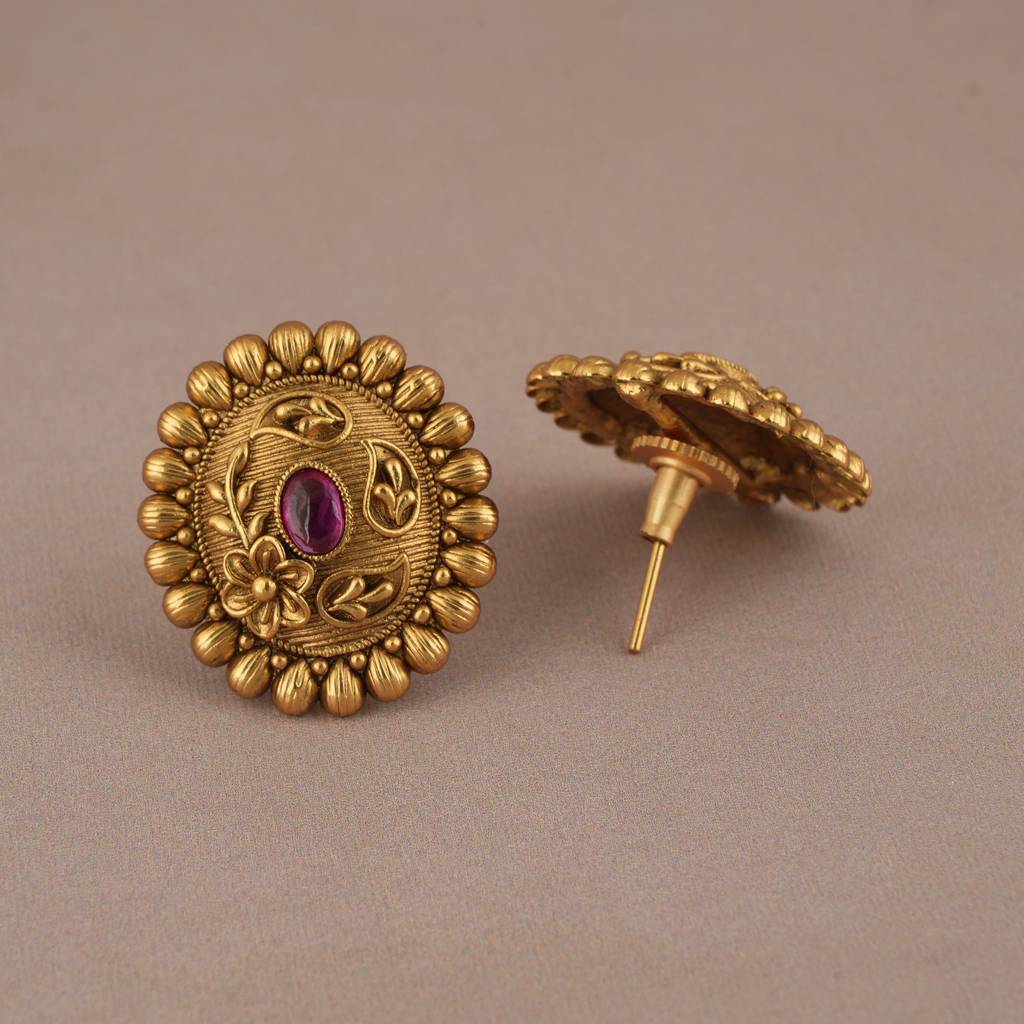 Cute Antique Gold Finish Floral Oval Shaped Ruby Stone Stud : SJ041