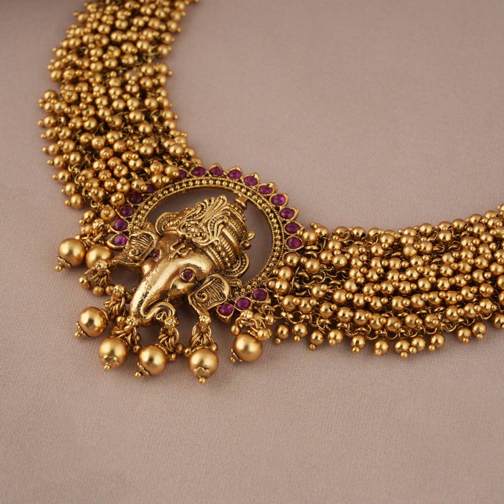 Amazing Antique Gold Finish Lord Ganesha Choker Set With Jhumka Earring I Temple Jewellery : SJ012