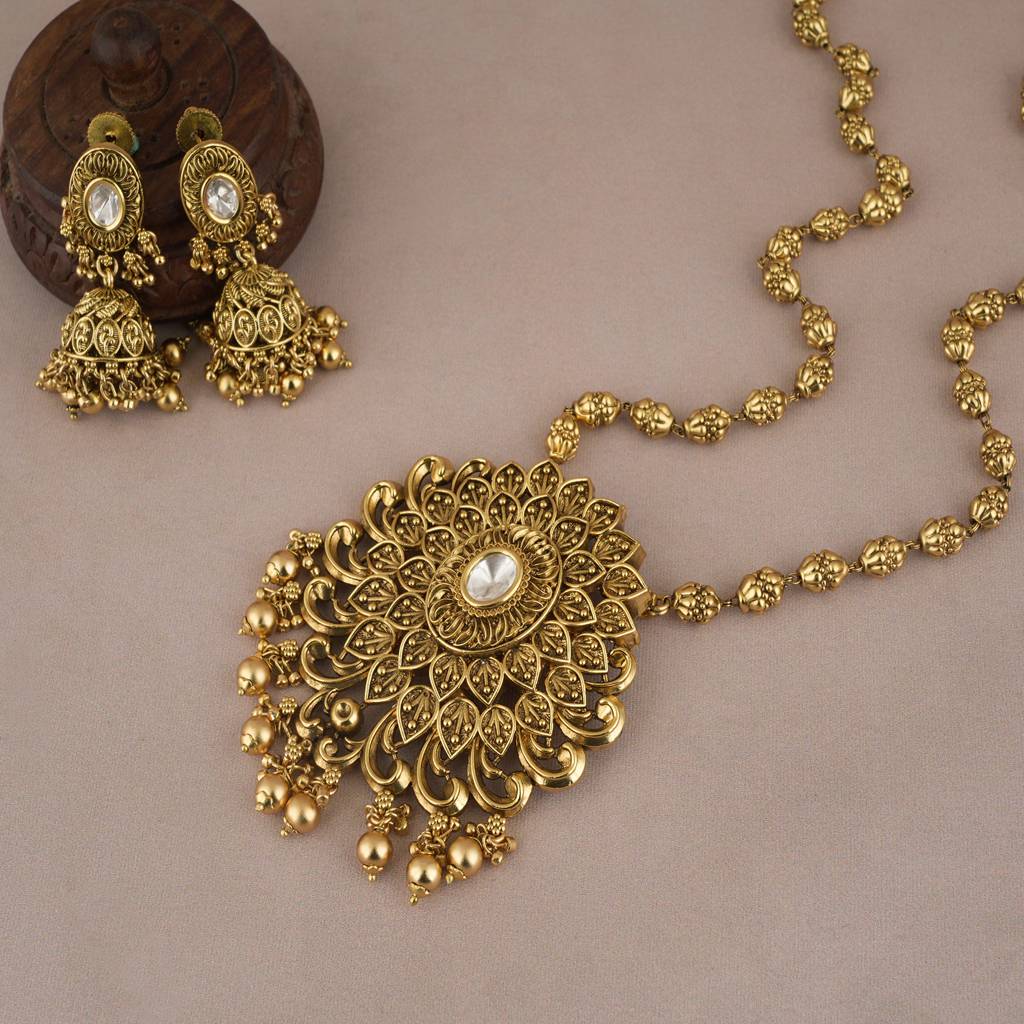 Stunning Antique Gold Plated Long Kundan Necklace Set With Beautiful Earring : SJ022