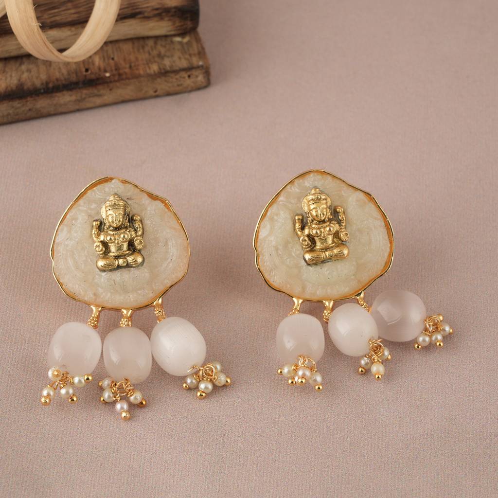 Long Gold Plated Maa Lakshmi White Stone Necklace Set : SJ017