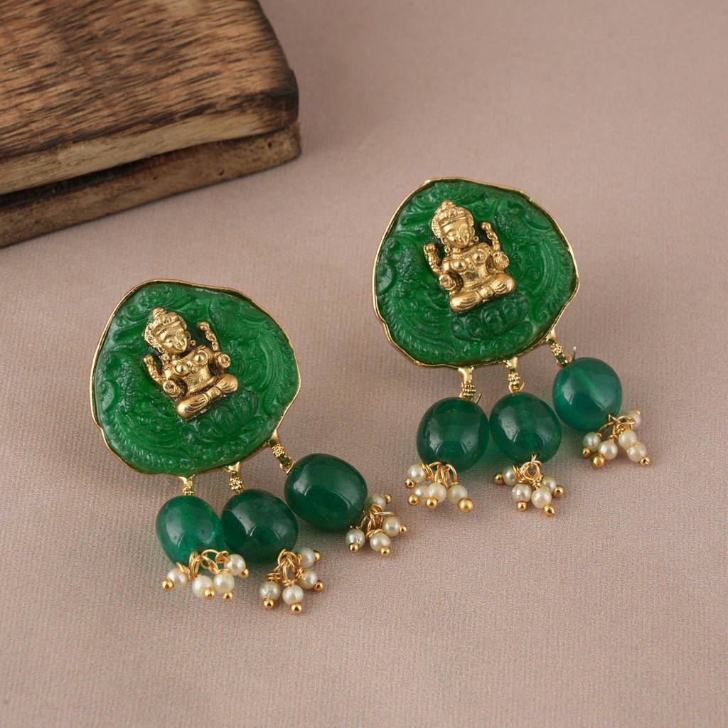 Stunning Antique Gold Plated Long Green Stone Lakshmi Necklace Set : SJ019