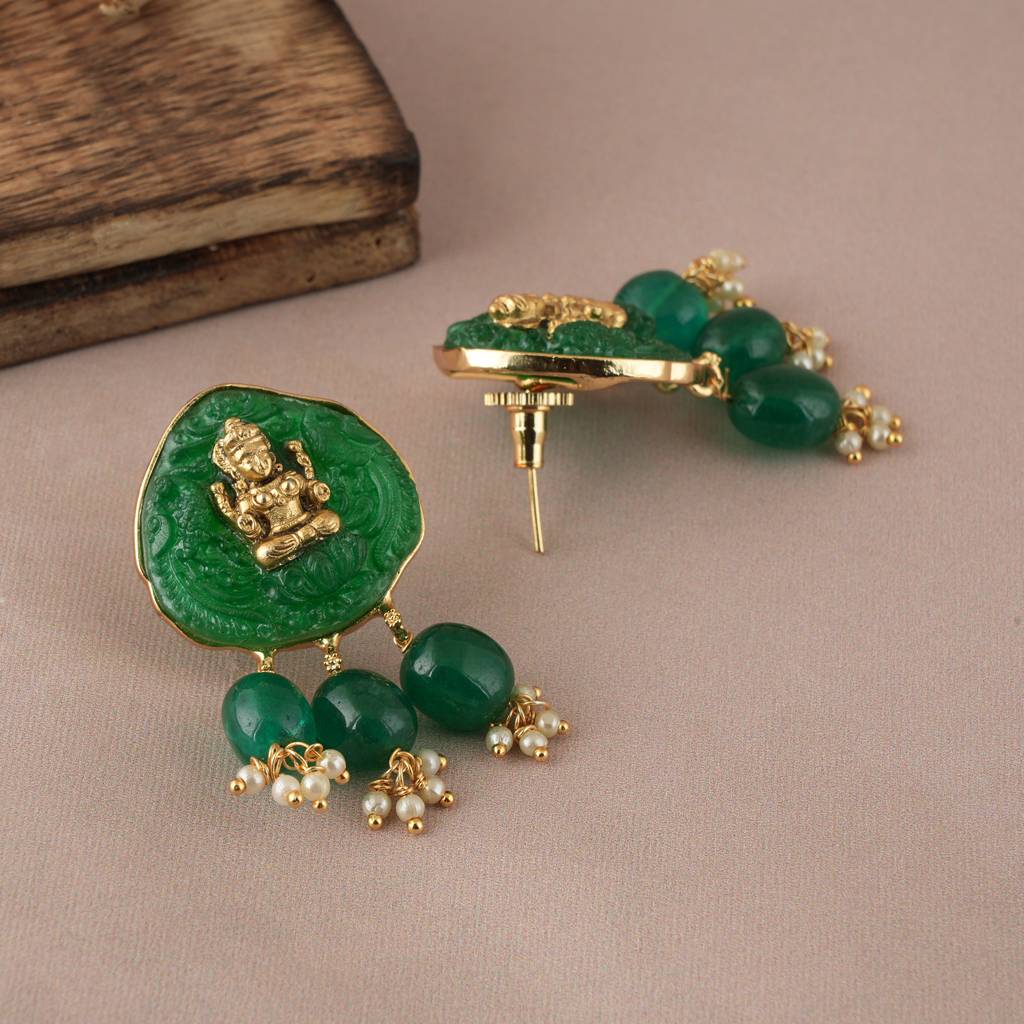 Stunning Antique Gold Plated Long Green Stone Lakshmi Necklace Set : SJ019