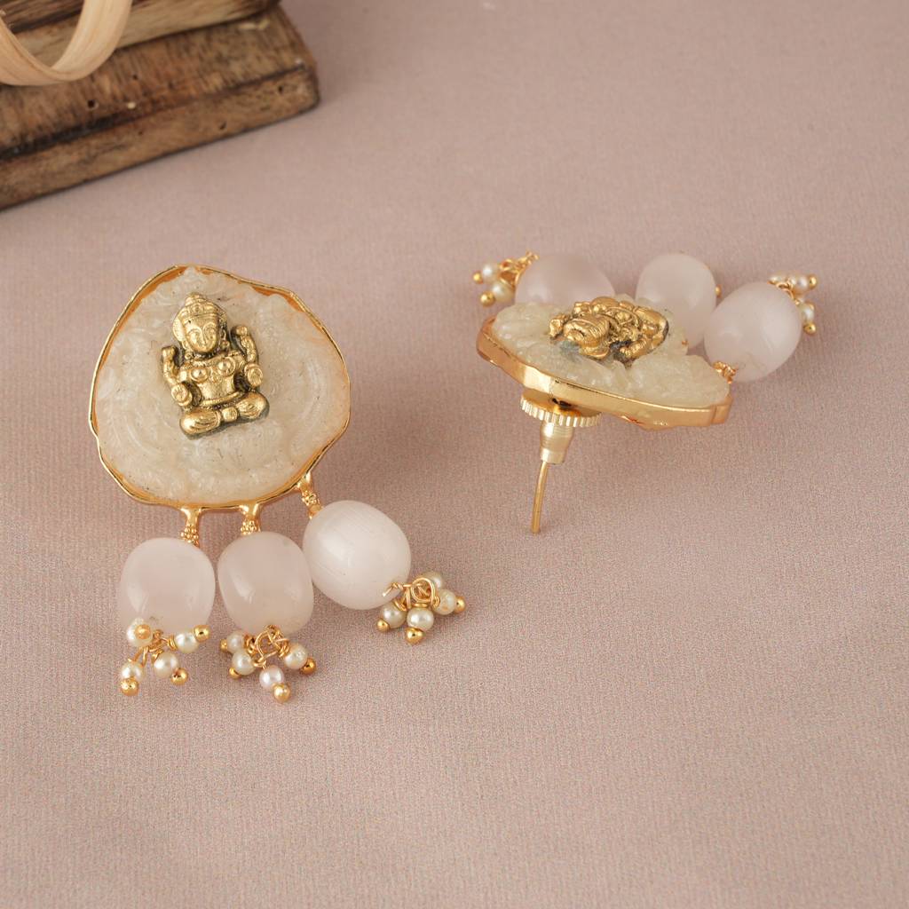 Long Gold Plated Maa Lakshmi White Stone Necklace Set : SJ017