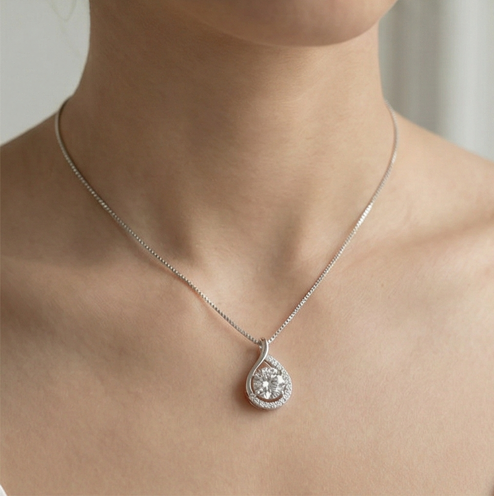 925 Sterling Silver Teardrop Solitaire Pendant Necklace Jewellery For Women High Polish Rhodium Finish With Box C : AG06880001