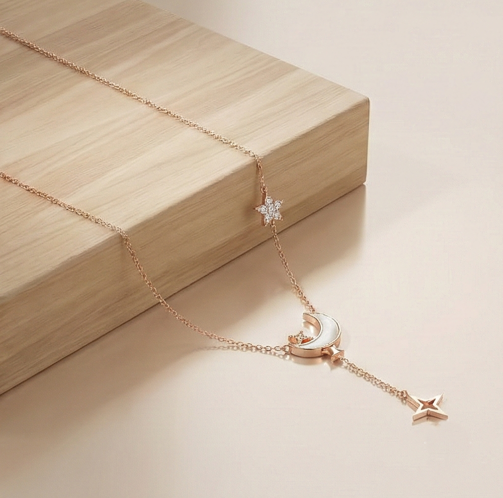 925 Sterling Silver Rose Gold Plated Celestial Mop Moon And Star Lariat Necklace Jewellery : AG06617003
