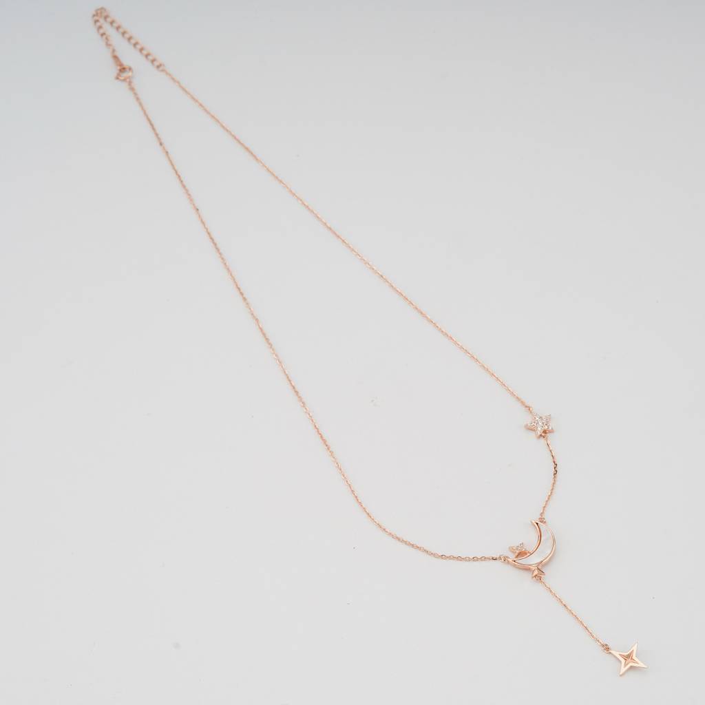 925 Sterling Silver Rose Gold Plated Celestial Mop Moon And Star Lariat Necklace Jewellery : AG06617003