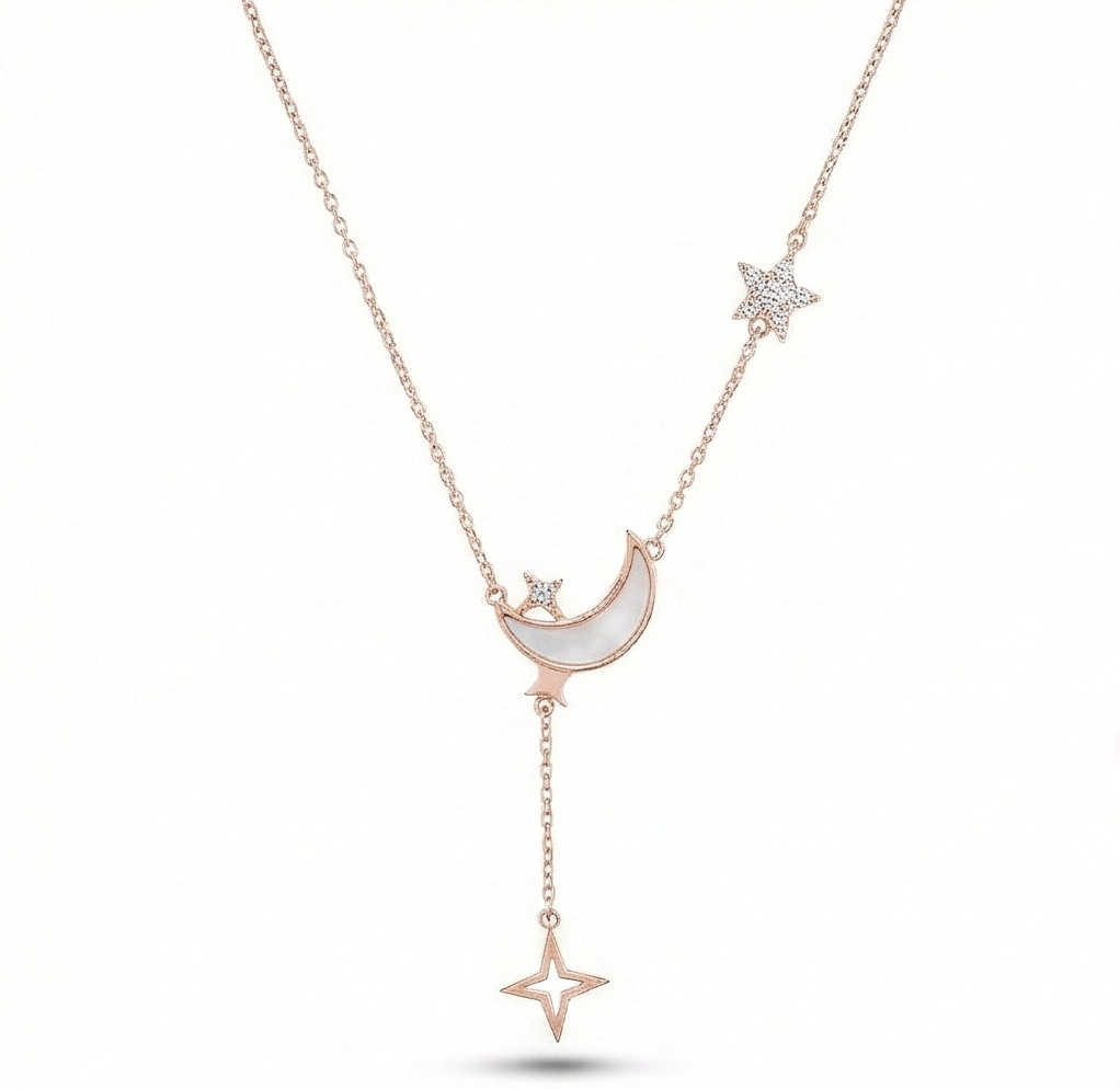925 Sterling Silver Rose Gold Plated Celestial Mop Moon And Star Lariat Necklace Jewellery : AG06617003