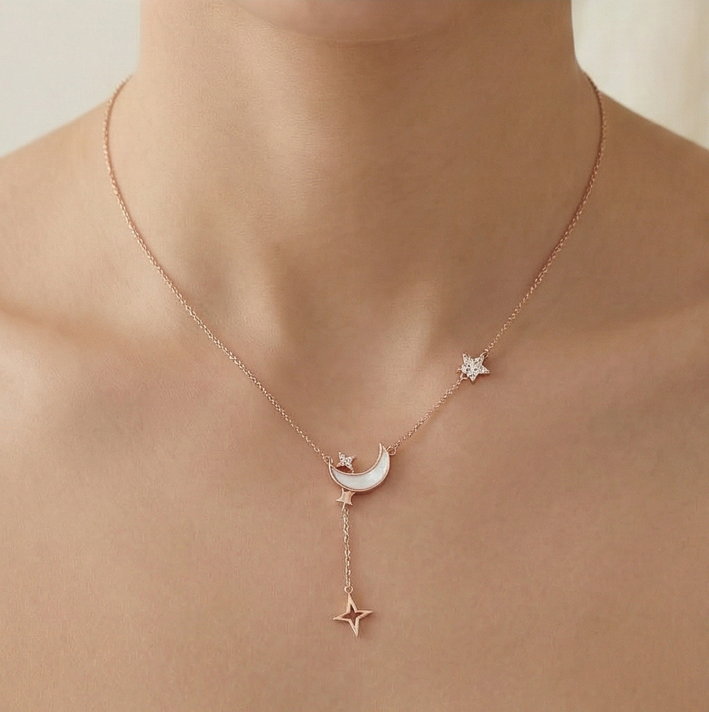 925 Sterling Silver Rose Gold Plated Celestial Mop Moon And Star Lariat Necklace Jewellery : AG06617003