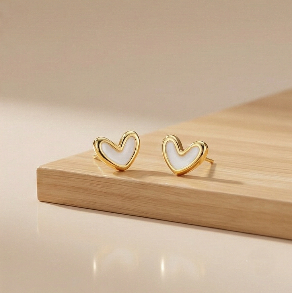 925 Sterling Silver White Heart Stud Earrings Gold Plated Jewellery For Women : AG06703012