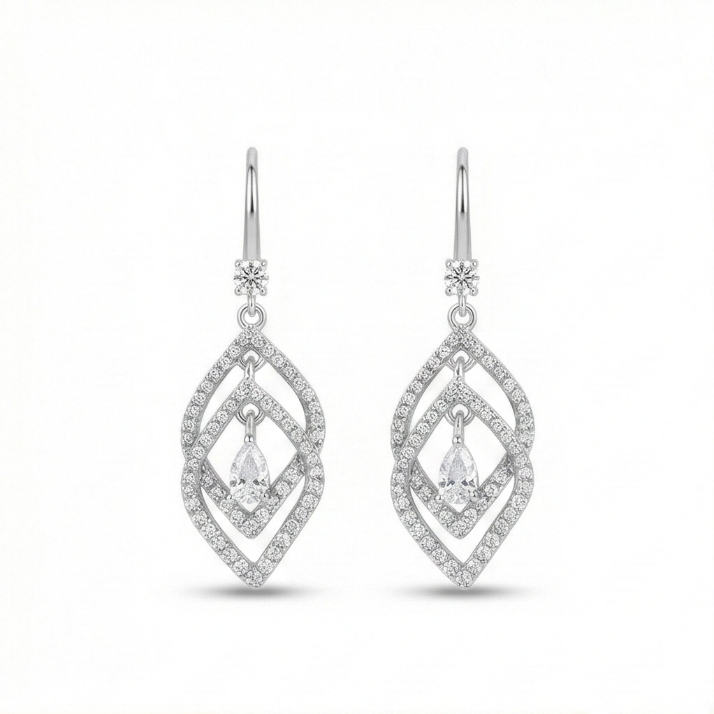 925 Sterling Silver Geometric Designed Drop Earrings, Rhodium Plated Dangle Jewellery For Women : AG06779018