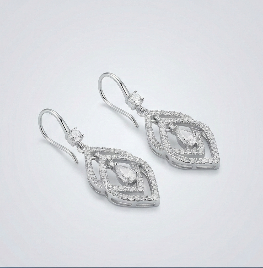 925 Sterling Silver Geometric Designed Drop Earrings, Rhodium Plated Dangle Jewellery For Women : AG06779018