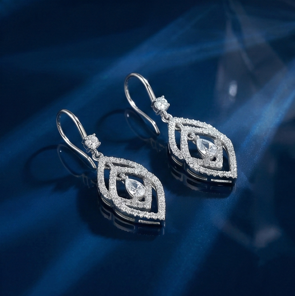 925 Sterling Silver Geometric Designed Drop Earrings, Rhodium Plated Dangle Jewellery For Women : AG06779018