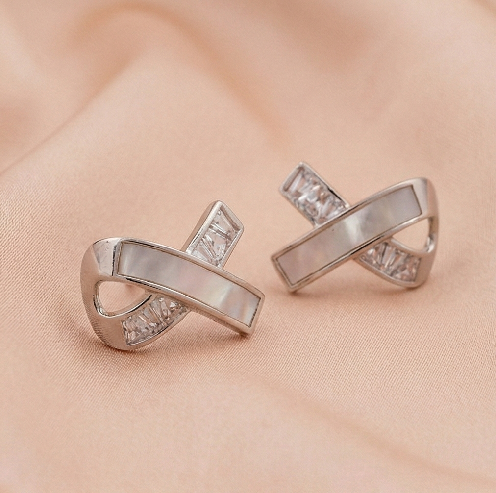 925 Sterling Silver Criss Cross Stud Earrings Mother Of Pearl Jewellery For Women : AG06840019