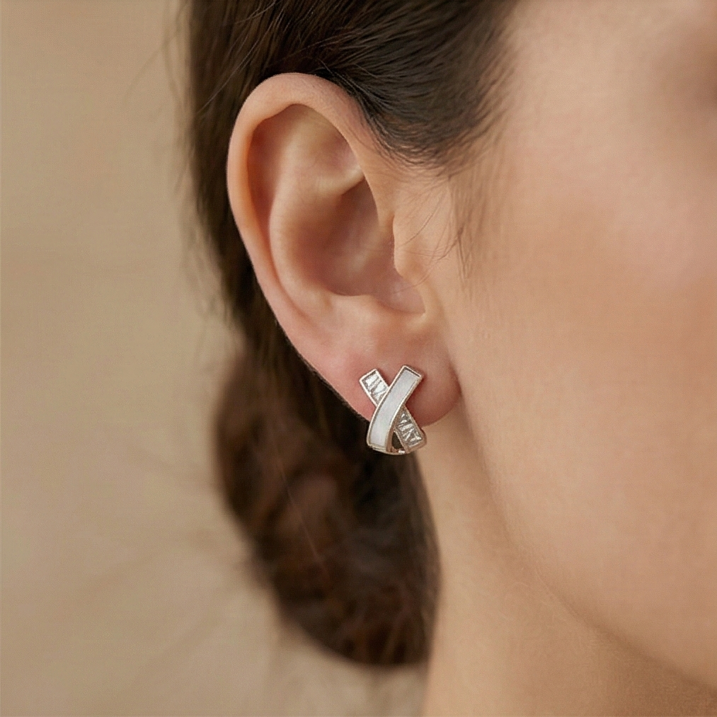 925 Sterling Silver Criss Cross Stud Earrings Mother Of Pearl Jewellery For Women : AG06840019