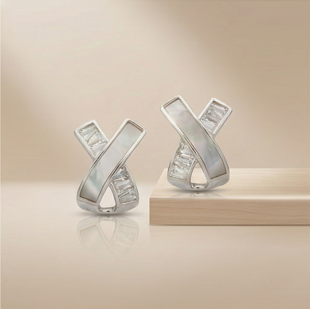 925 Sterling Silver Criss Cross Stud Earrings Mother Of Pearl Jewellery For Women : AG06840019