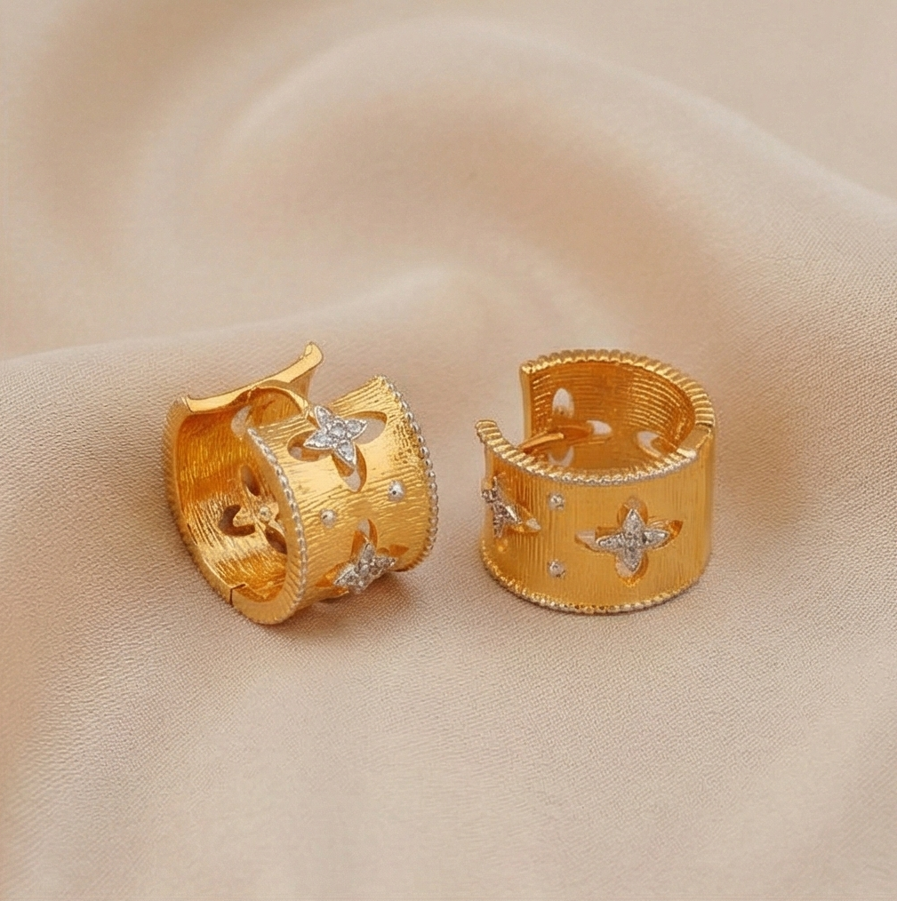 925 Sterling Silver Wide Band Floral Cutout Hoop Earrings Gold Plated Jewellery : AG07007021