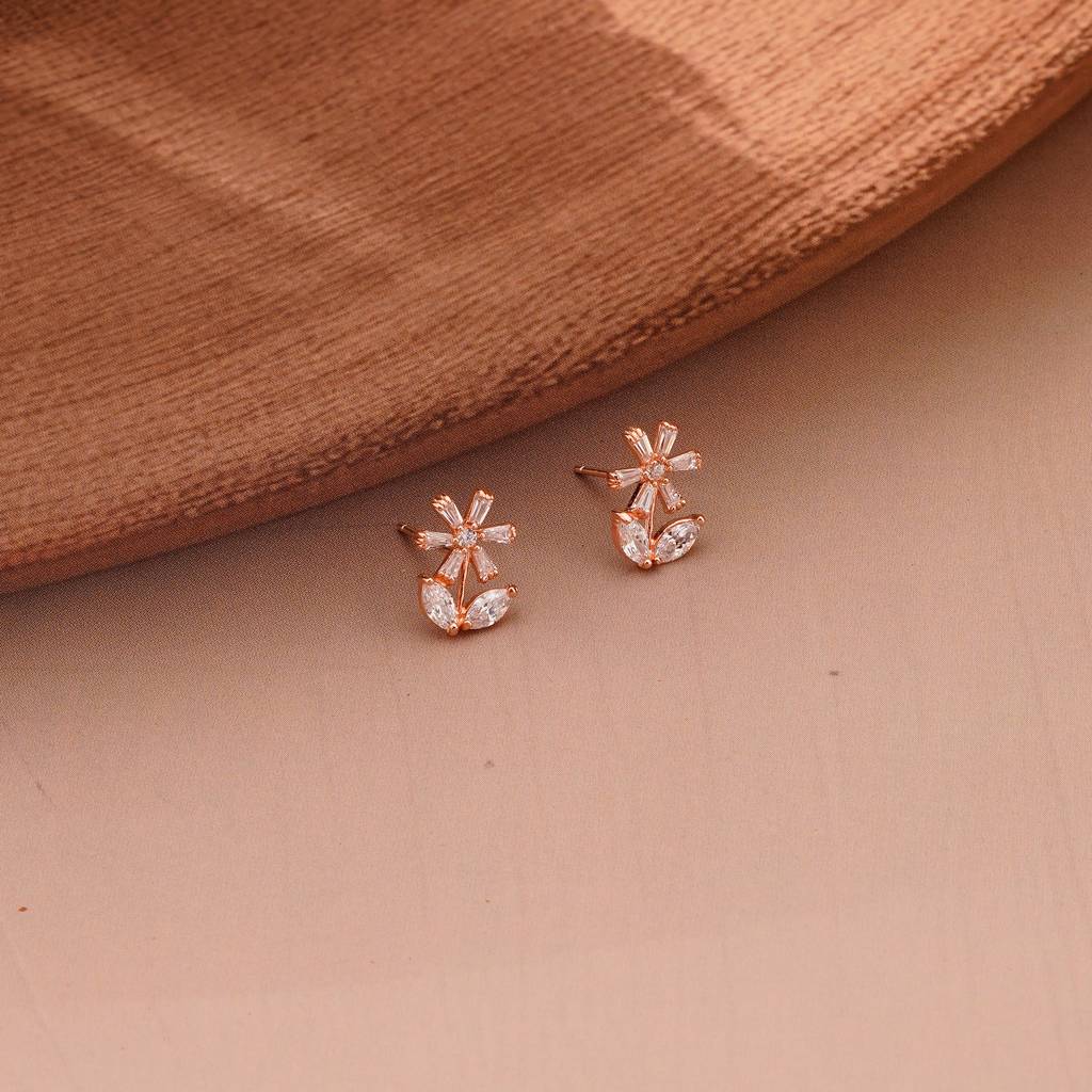 925 Sterling Silver Rose Gold Plated Floral Stud Earrings, Nature Inspired Jewellery For Women : AG06787022