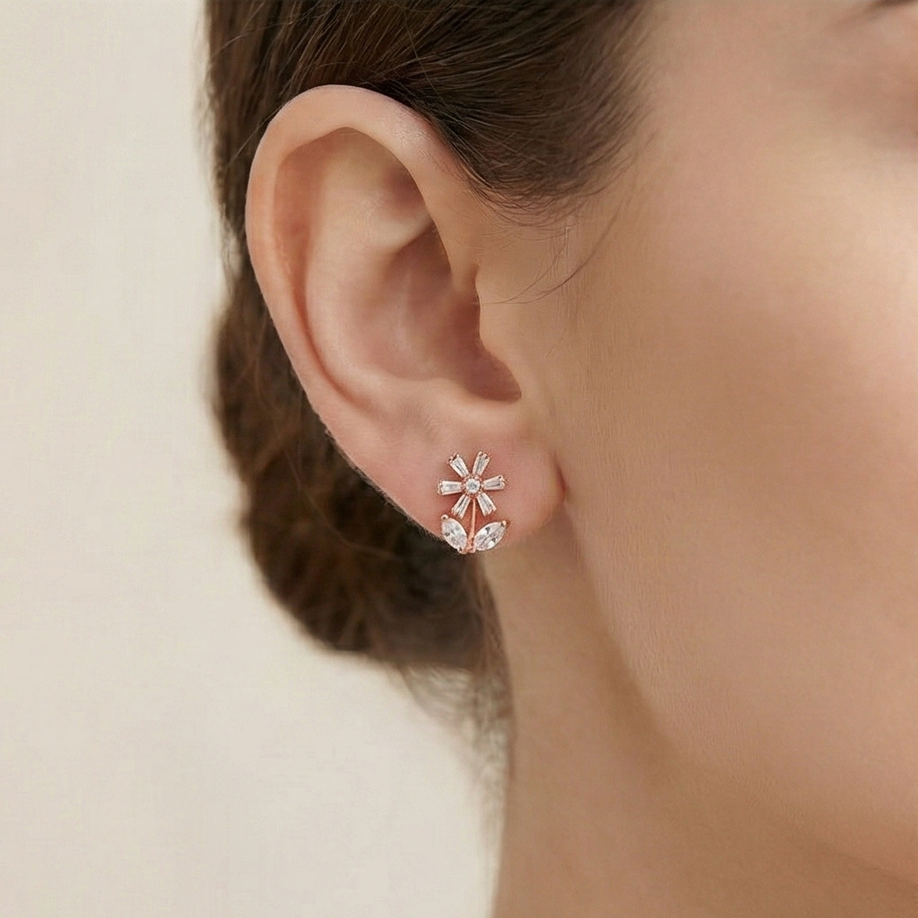 925 Sterling Silver Rose Gold Plated Floral Stud Earrings, Nature Inspired Jewellery For Women : AG06787022