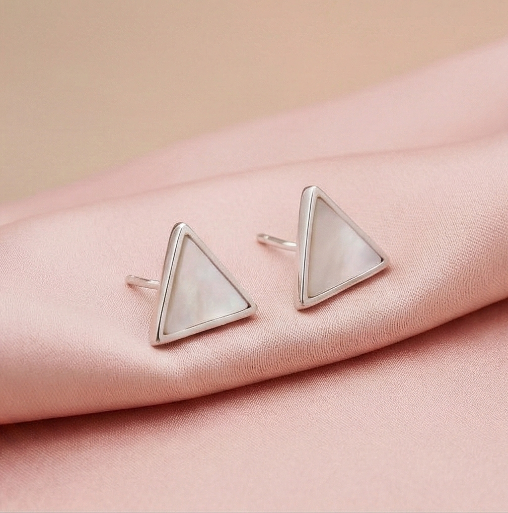 925 Sterling Silver Geometric Triangle Stud Earrings Mother Of Pearl Inlay Jewellery : AG06696028