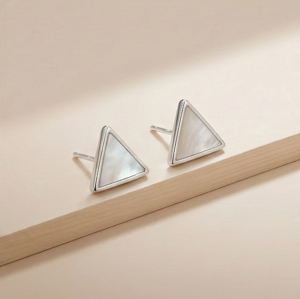 925 Sterling Silver Geometric Triangle Stud Earrings Mother Of Pearl Inlay Jewellery : AG06696028